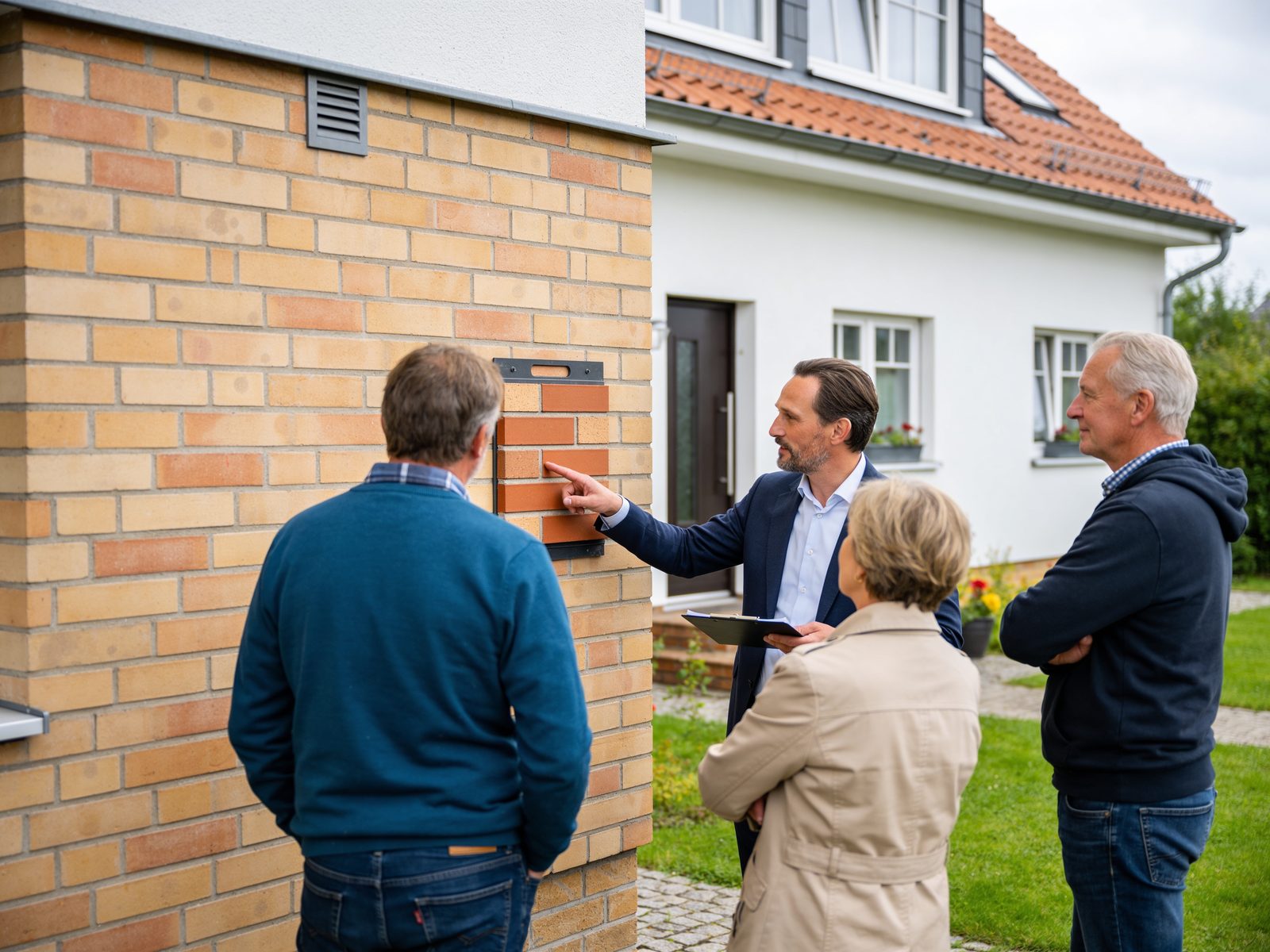 Berater zeigt Bauherren eine Klinker-Musterplatte vor dem Haus