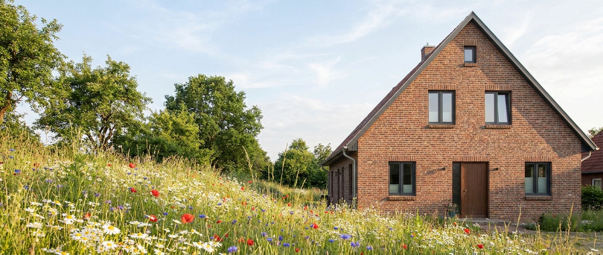 Wohnhaus mit Klinkerfassade im Sommerlicht